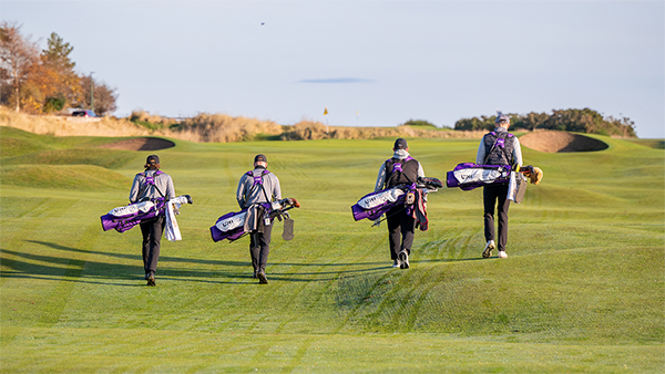 4 male golfers carryng golf bags with their backs to the camera walking on a golf course 4 male golfers carryng golf bags with their backs to the camera walking on a golf course