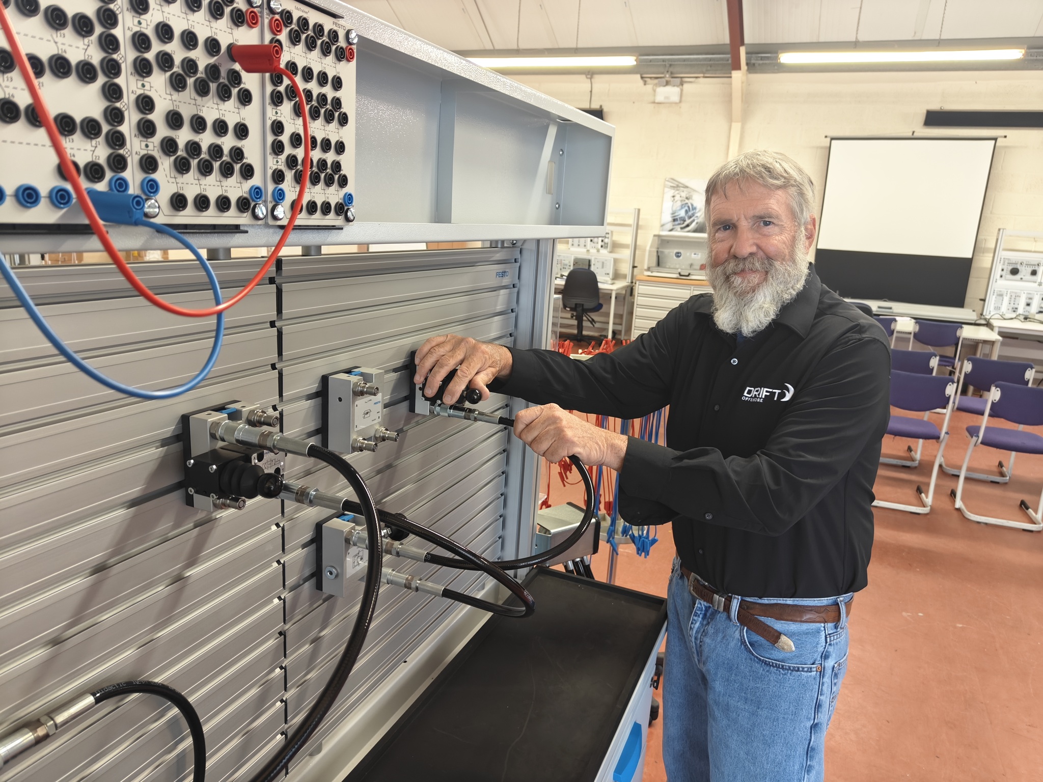 Trainer demonstrating electrical equipment