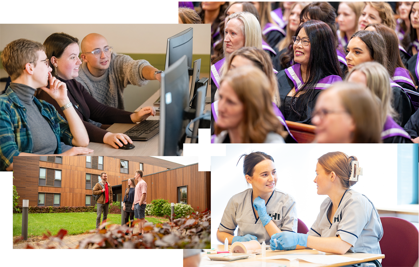 Three people looking at a computer | Graduates in gowns | Three people standing talking | Two nurses doing clinical skills training
