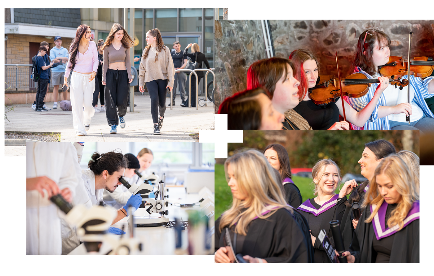 Three people walking together | Musicians performing | People looking into microscopes | Graduates in gowns holding certificate tubes Three people walking together | Musicians performing | People looking into microscopes | Graduates in gowns holding certificate tubes