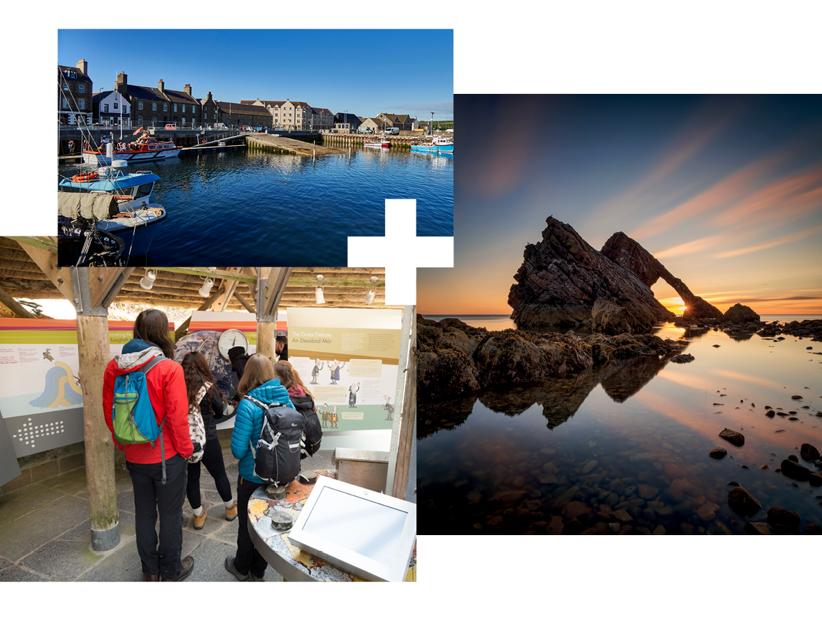 Town harbour | Group of people looking at a nature information board | Science coastal rock formation