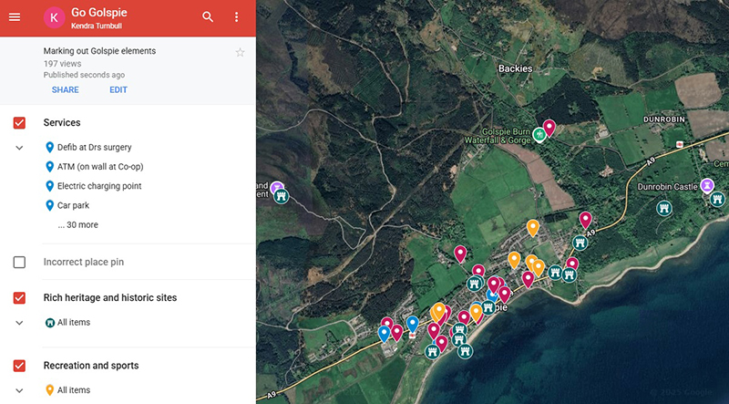 Screenshot of Golspie with information pins on Google maps