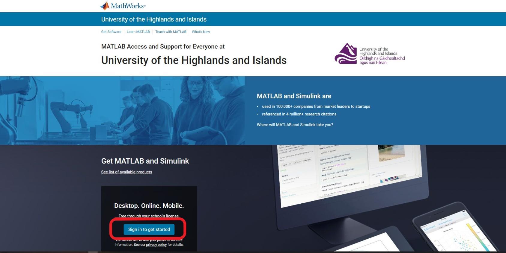 Home page for UHI portal on MatLab website with sign in box to bottom left Home page for UHI portal on MatLab website with sign in box to bottom left