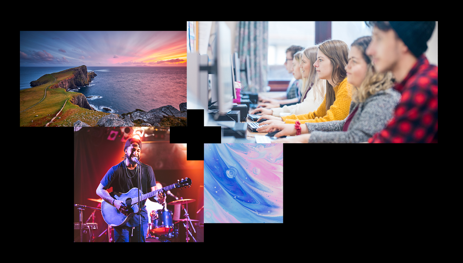 Four pictures connected with the visual identity plus sign. Edge of island with sunset view, group of people looking at computer screens, man singing with guitar, pink and blue swirl bubbles Four pictures connected with the visual identity plus sign. Edge of island with sunset view, group of people looking at computer screens, man singing with guitar, pink and blue swirl bubbles