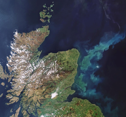 Satelite image of Scotland with algal bloom in north sea Satelite image of Scotland with algal bloom in north sea