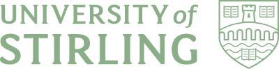Green text on a white background that reads University of Stirling. Text sits next to an outline of a crest with three books, a tower and wavy patterns. 