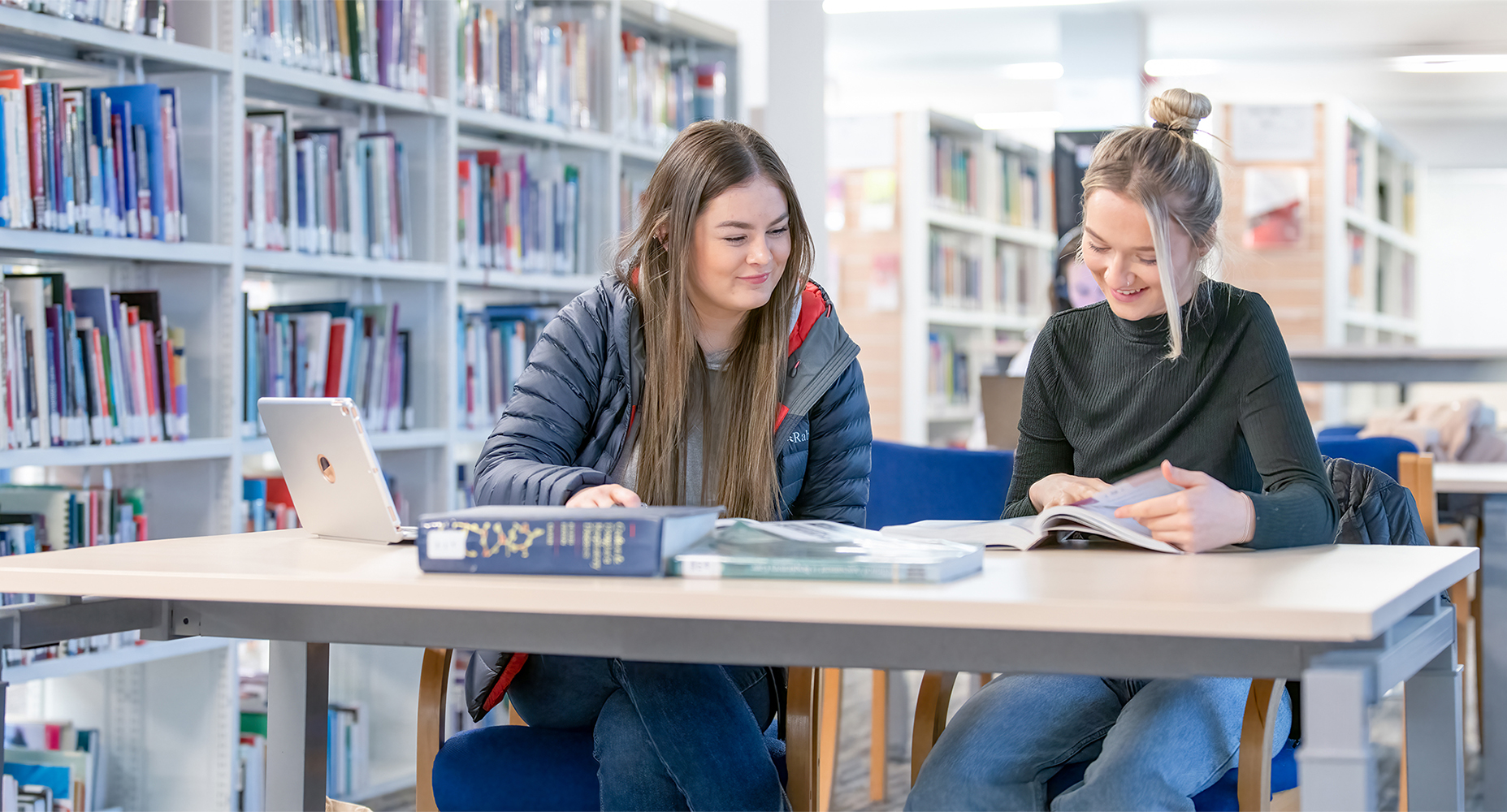 Two students studying books in a library together Two students studying books in a library together