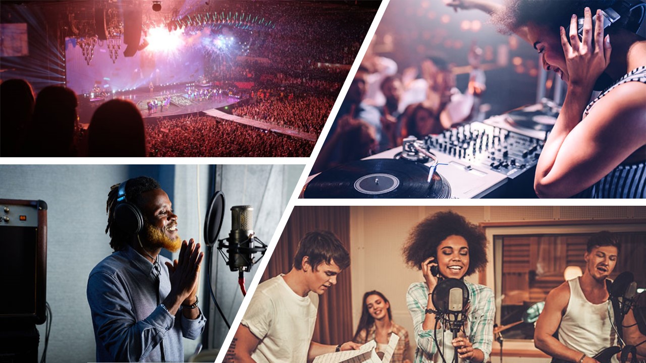 A music concert | DJ using DJ equipment at an event | Person singing into a microphone | A band recording music A music concert | DJ using DJ equipment at an event | Person singing into a microphone | A band recording music