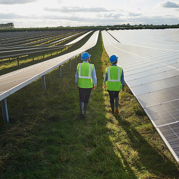 Two people walking past a solar panel array Two people walking past a solar panel array