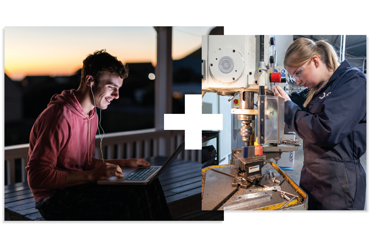 Collage of 2 | Student working at a laptop | Student in an engineering workshop Collage of 2 | Student working at a laptop | Student in an engineering workshop