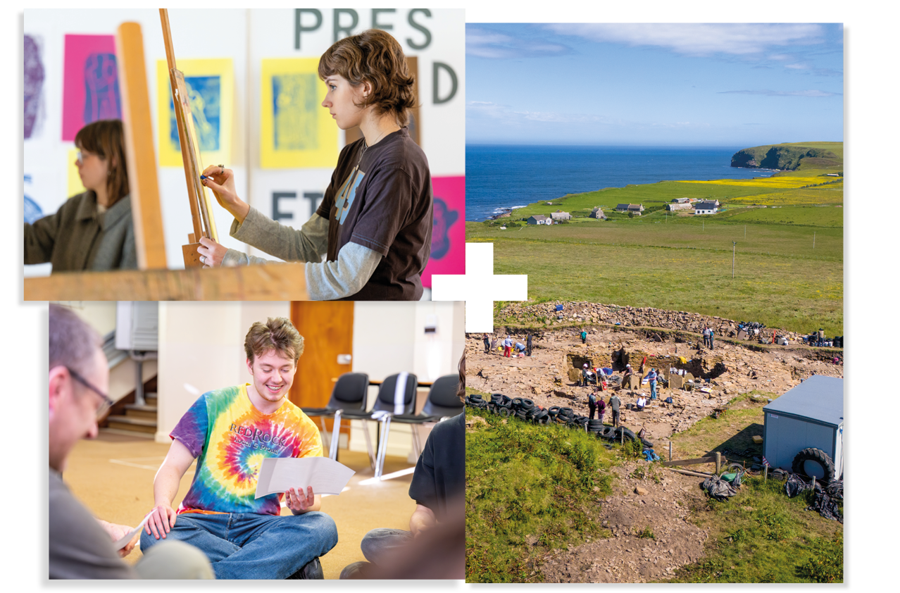 Collage of 3 | Student painting | Student in an acting class | Image of an archeological dig Collage of 3 | Student painting | Student in an acting class | Image of an archeological dig