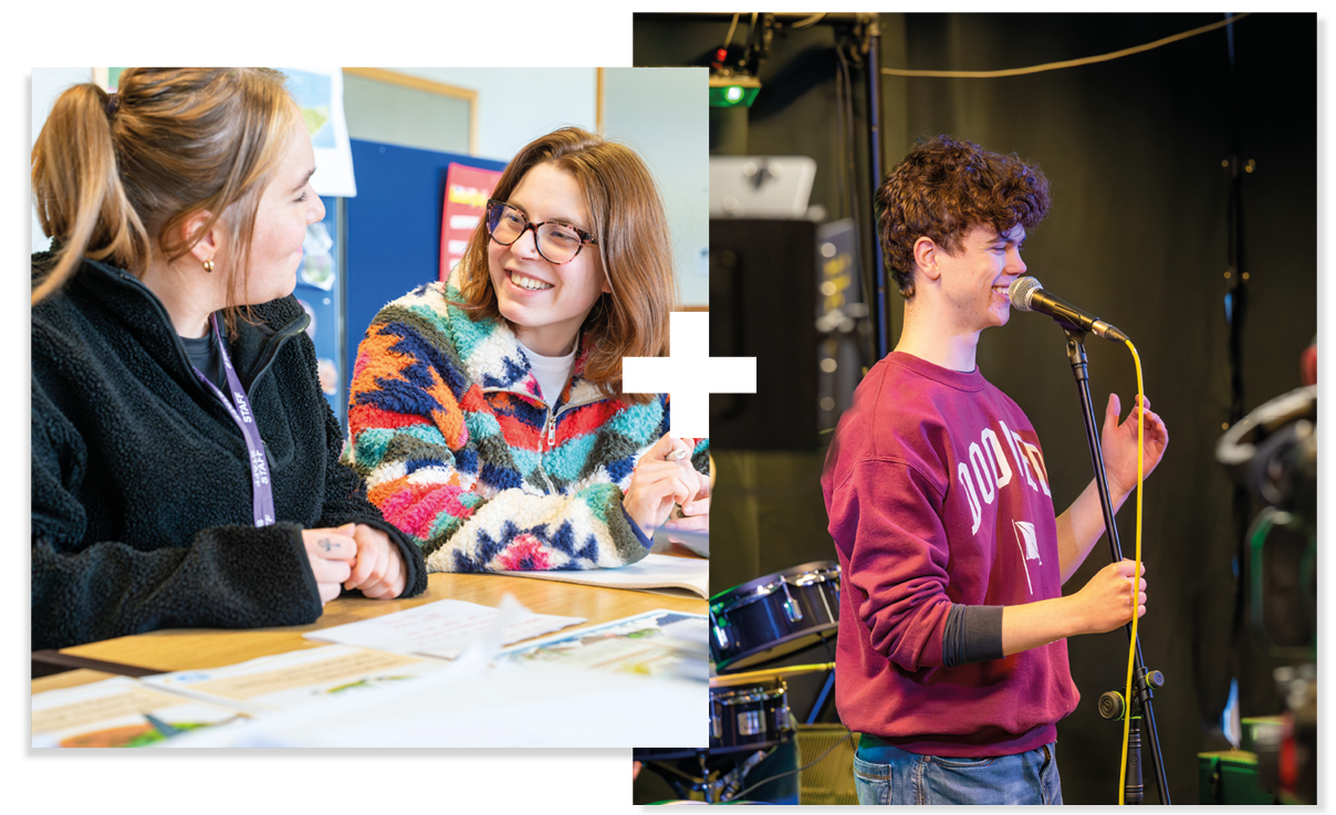 Collage of 2. Two students talking a table A student talking into a microphone Collage of 2. Two students talking a table A student talking into a microphone