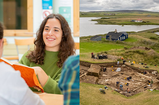 Left: Francesca in the classroom. Top right: Orkney excavation site. Bottom right: Inspecting an artefact.