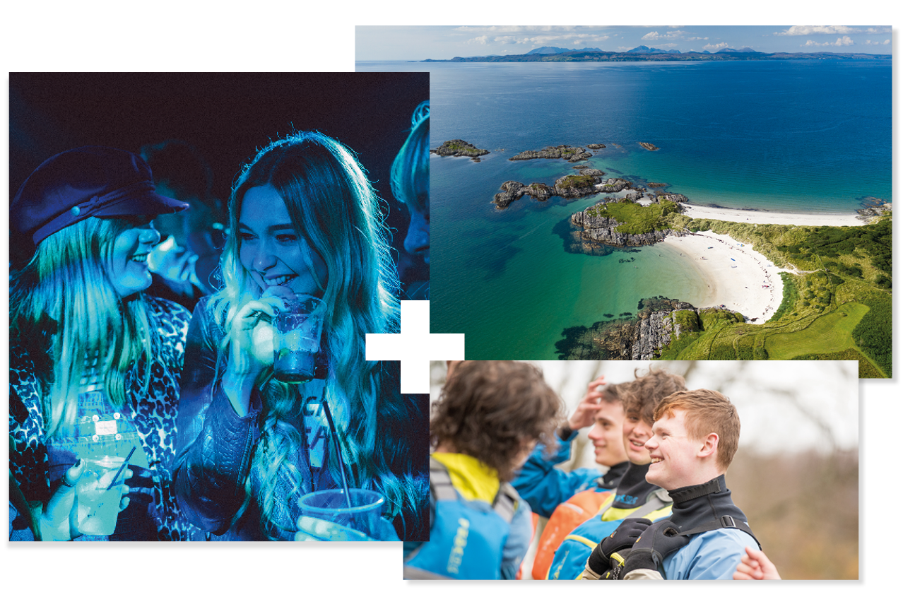 Collage of 3 | Aerial image of beach | People at a party | Students on a kayaking trip Collage of 3 | Aerial image of beach | People at a party | Students on a kayaking trip
