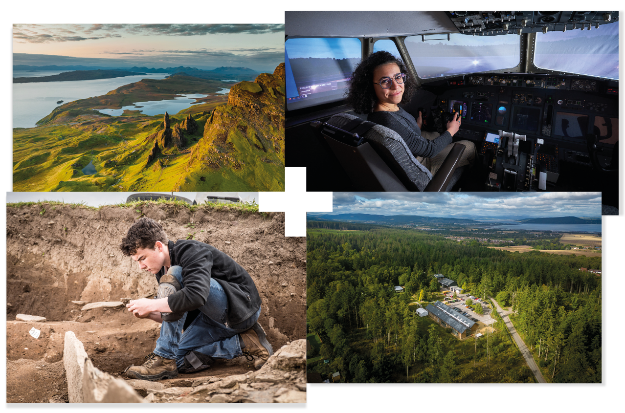College of 4 | Scottish School of Forestry aerial image | Student in a plane | Student at an archaeological dig | Old Man of Storr, Isle of Skye College of 4 | Scottish School of Forestry aerial image | Student in a plane | Student at an archaeological dig | Old Man of Storr, Isle of Skye