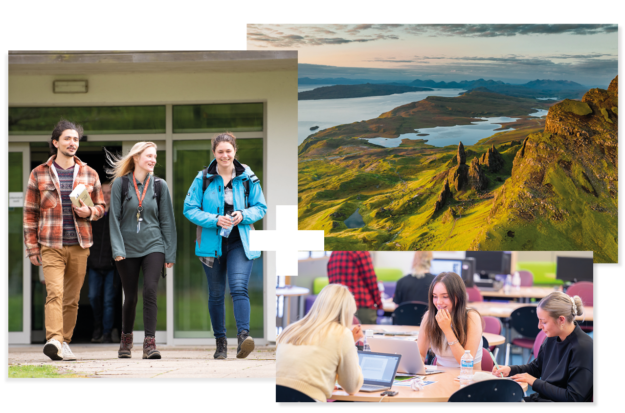 Three people walking together | Landscape scenery on Isle of Skye | Students studying at a desk Three people walking together | Landscape scenery on Isle of Skye | Students studying at a desk