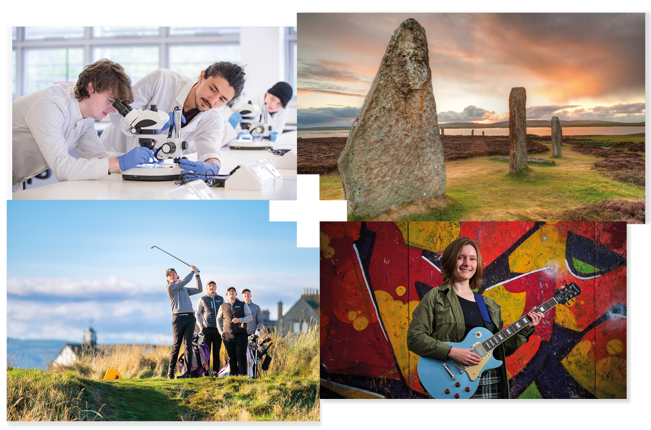 People using a microscope | Standing stones on Orkney | Golfers hitting a ball | Musician holding a guitar People using a microscope | Standing stones on Orkney | Golfers hitting a ball | Musician holding a guitar