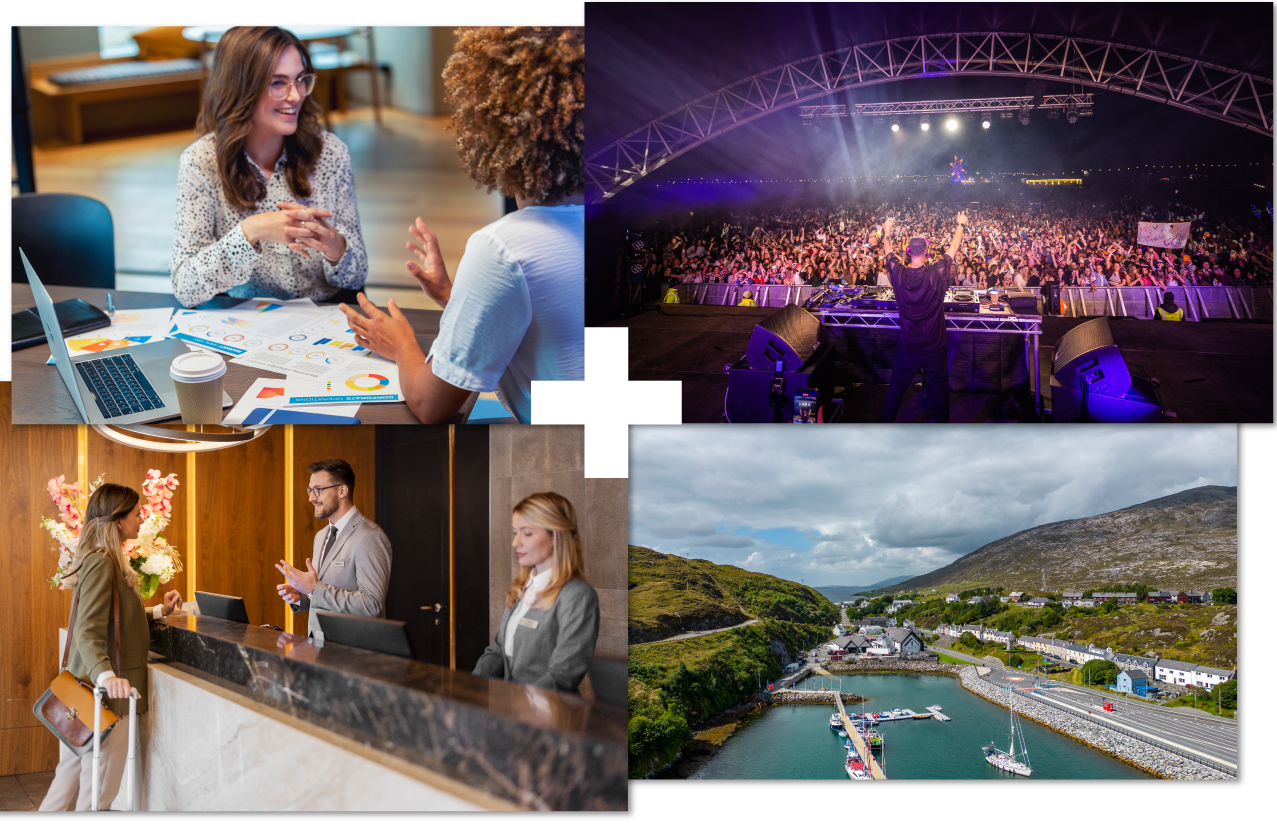 Collage of 4 images | accountant in meeting | Belladrum festival | hospitality | Harris Distillery Collage of 4 images | accountant in meeting | Belladrum festival | hospitality | Harris Distillery