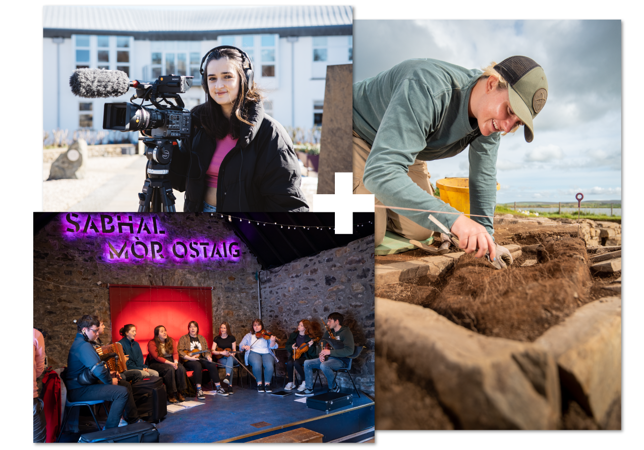 Collage of 3 | Gaelic media student | UHI SMO music performance | Orkney Archaeology Collage of 3 | Gaelic media student | UHI SMO music performance | Orkney Archaeology