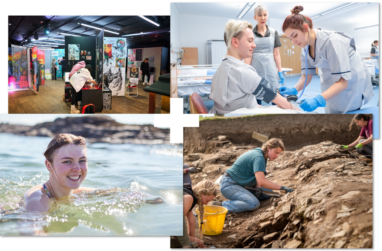 Collage of 4 images | students in UHI Perth doing an Art exhibition | Nursing course students practising | Sian McWalter swimming in the sea | Orkney archaeology students on site Collage of 4 images | students in UHI Perth doing an Art exhibition | Nursing course students practising | Sian McWalter swimming in the sea | Orkney archaeology students on site
