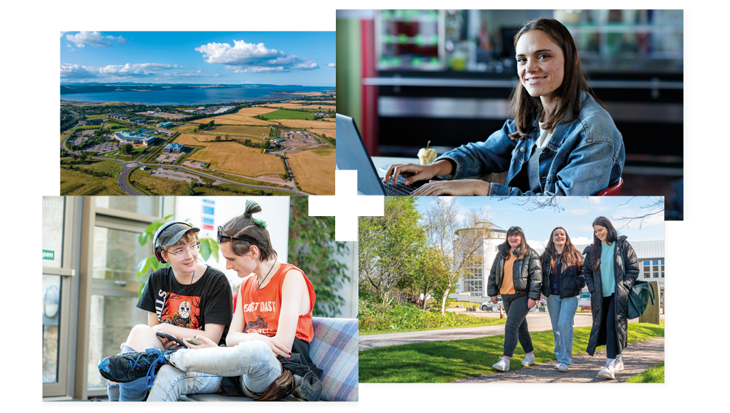 Collage of 4 | Aerial image of UHI Inverness | Student smiling while working at a laptop | Two students sitting and looking at a phone | Three students walking outside in the sun Collage of 4 | Aerial image of UHI Inverness | Student smiling while working at a laptop | Two students sitting and looking at a phone | Three students walking outside in the sun