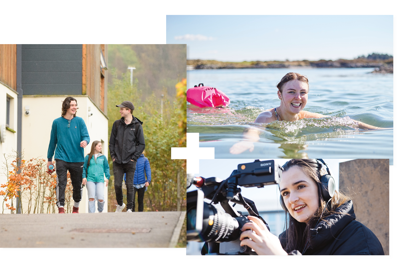 Collage of 3 | Students walking outside student accommodation | Student wild swimming | Student looking through a camera Collage of 3 | Students walking outside student accommodation | Student wild swimming | Student looking through a camera