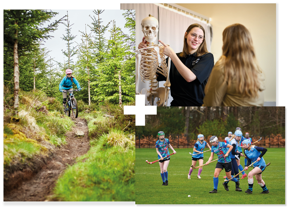 Collage of 3 | Student cycling | Students playing shinty | Student in a sports rehabilitation clinic Collage of 3 | Student cycling | Students playing shinty | Student in a sports rehabilitation clinic