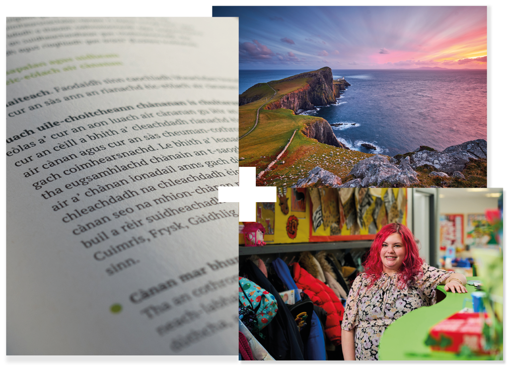 Collage of 3 | Close-up of a book with Gaelic text | A Gaelic teacher in a classroom | Neist Point Lighthouse Collage of 3 | Close-up of a book with Gaelic text | A Gaelic teacher in a classroom | Neist Point Lighthouse