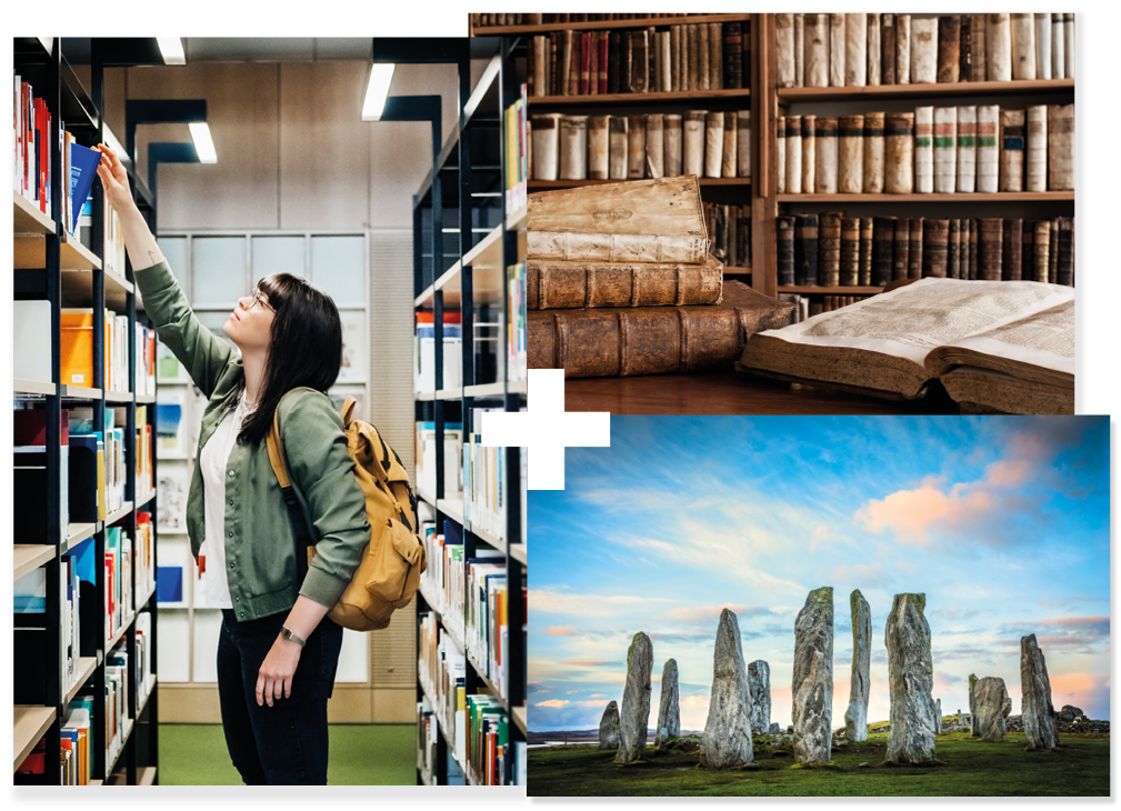 Collage of 3 | Student in a library | Books in a library | Calanais Standing Stones